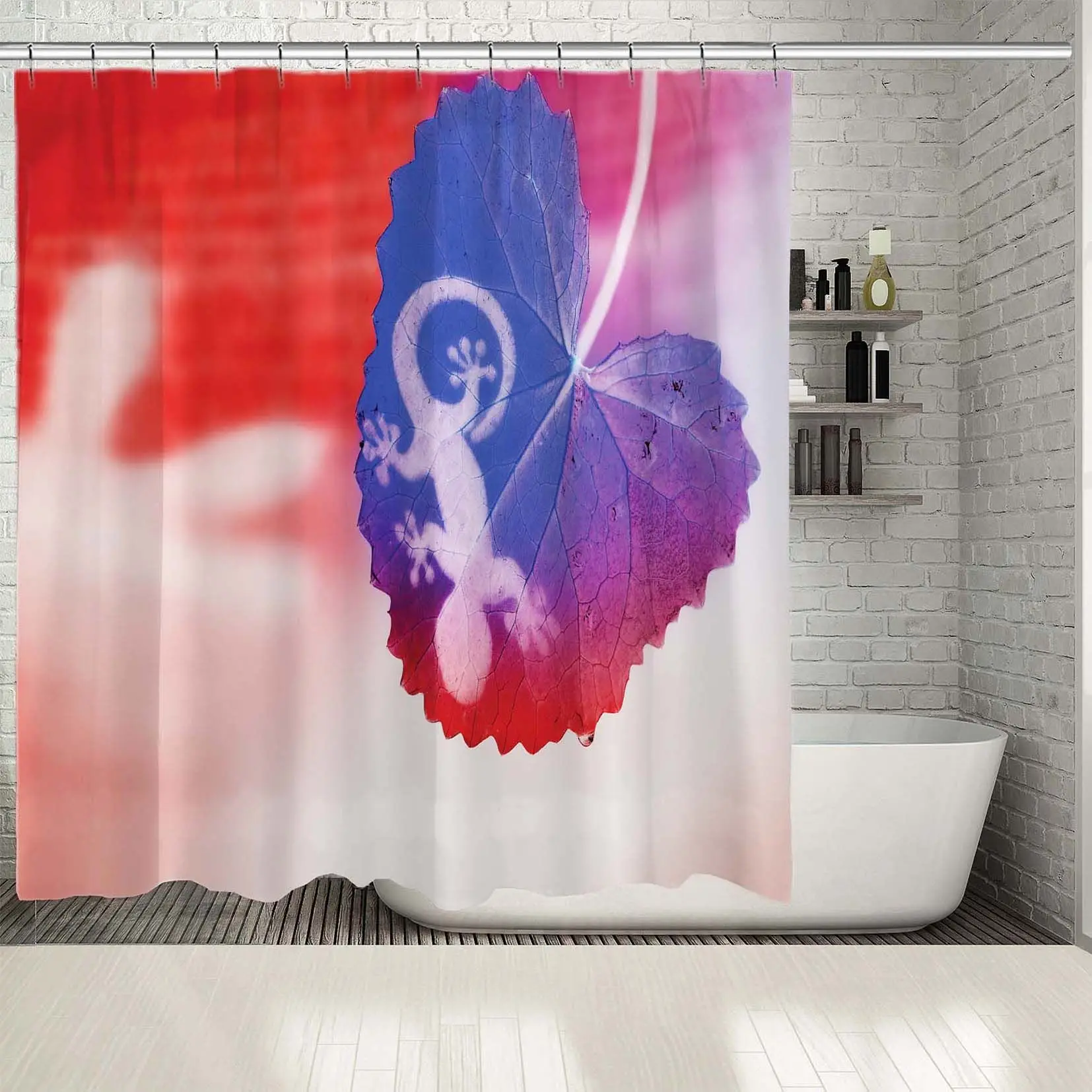 

Shower Curtain Lizard Shadow on A Tropical Leaf Exotic Jungle Animals Wild Life Nature Printed Photo Red Blue