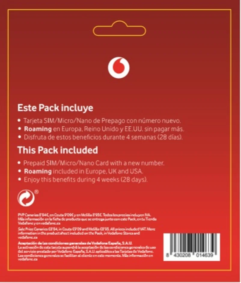 SIM-карта VODAFONE pre ago S 6 ГБ + 300 мин. Международная испанская версия (с прошивкой до 50