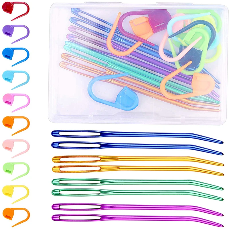

KAOBUY 8 Pcs Yarn Needles Colorful Bent Tip Weaving Tapestry Needles with 10 Pcs Stitch Markers with Box for Tapestry Sewing