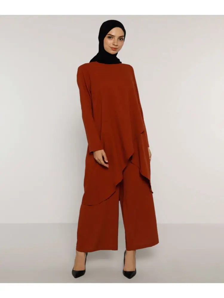 

Tunic Pants 2 piece set Double Team Muslim fashion Muslim women wide leg pants suits tops turkey feast Kaftan Abaya Islamic