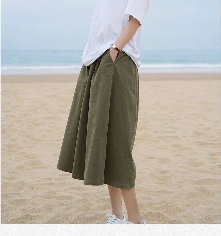 Женская Повседневная трапециевидная хлопковая юбка средней длины с карманами
