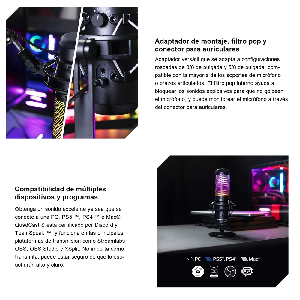 Профессиональный электронный спортивный микрофон HyperX QuadCast S RGB для голосовых игр