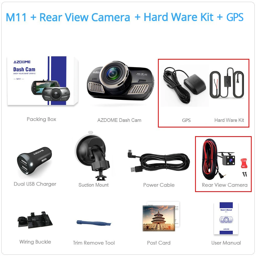 M11-RVC-HWK-GPS AZDOME M11 Dash Cam 3 дюймов 2.5D ips экран Автомобильный видеорегистратор HD 1080P Автомобильный видеорегистратор ночного видения Dash камера gps - Название цвета: M11-RVC-HWK-GPS