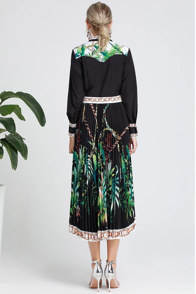 Runway Dresses Turn Down Collar Long Sleeves Printed Pleated Fashion Designer Casual Autumn | Женская одежда