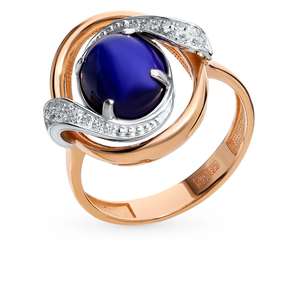 Золотое кольцо с звездчатым сапфиром и бриллиантами SUNLIGHT проба 585 | Украшения