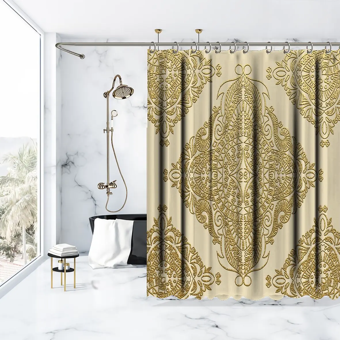 Занавеска для душа декоративная Мандала золотой орнамент цветочный узор на