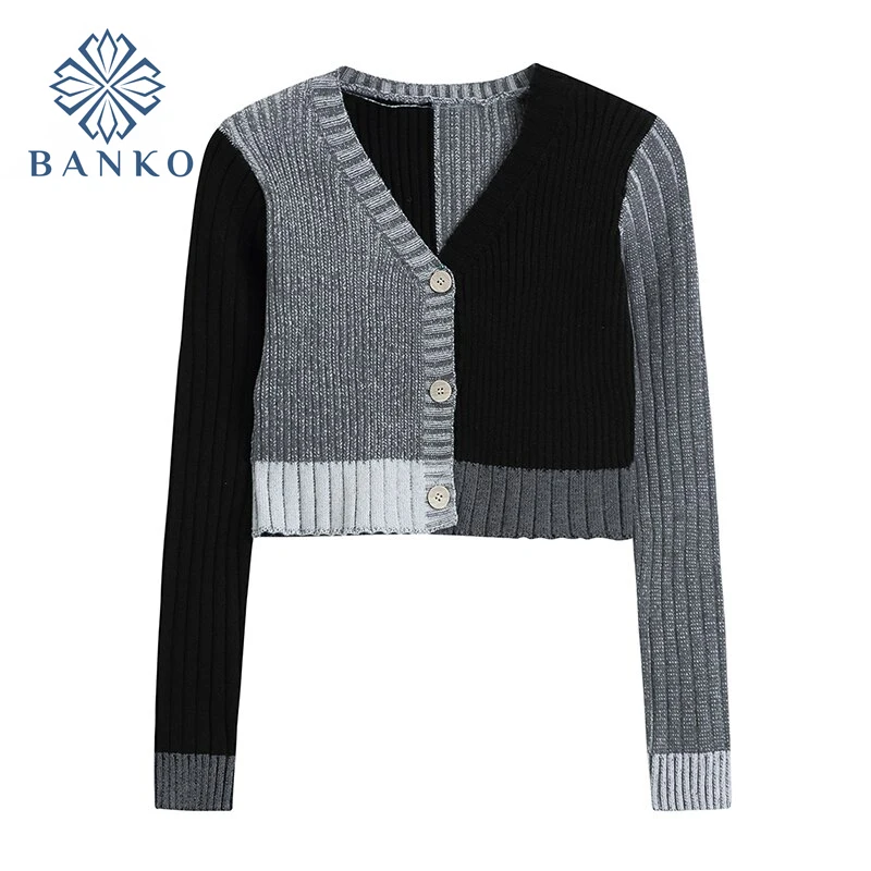 

Irregular Patchwork Spliced Cardigan Crop Sweater Women 2021 Long Sleeve V Neck Streetwear Slim Knitwear Elegant Chic Knit Tops