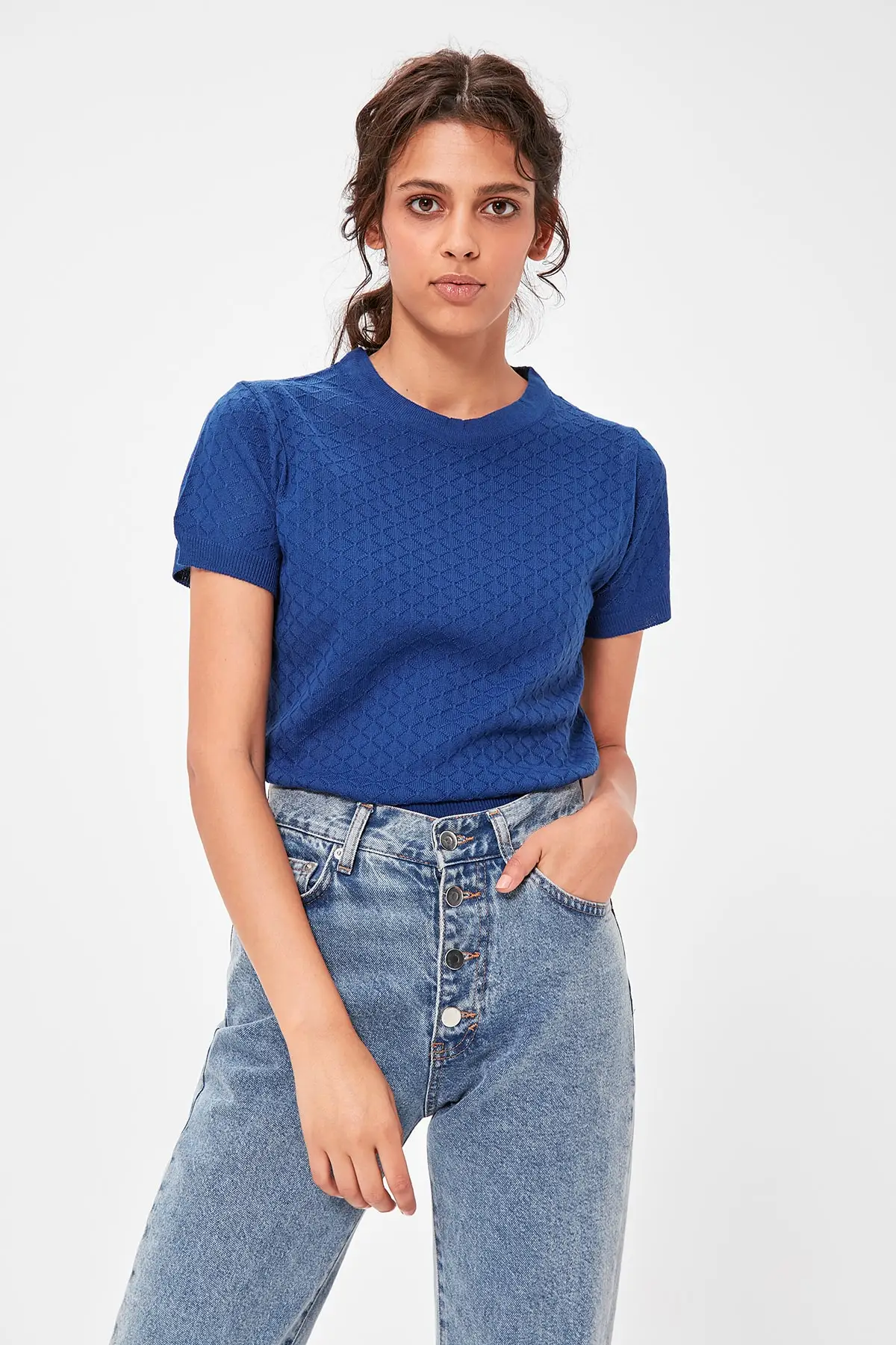 Trendyol Индиго короткий рукав сетка детализированный Bluz TWOAW20BZ0666
