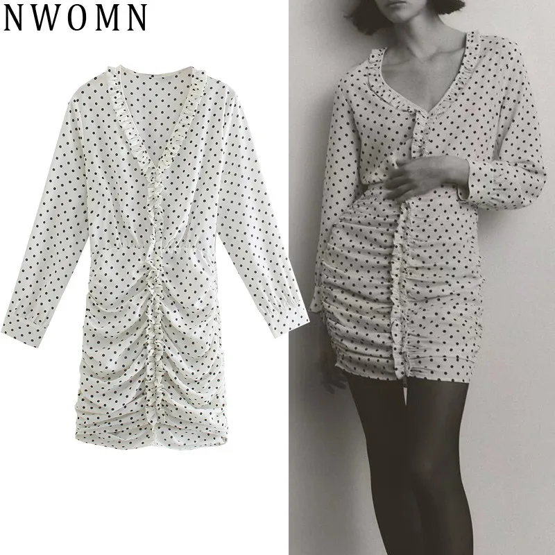 

Za Polka Dot White Dress Women 2021 Pleated Short Dresses Woman Autumn Ruffle Dress Long Sleeve Ruched Elegant Dresses For Women