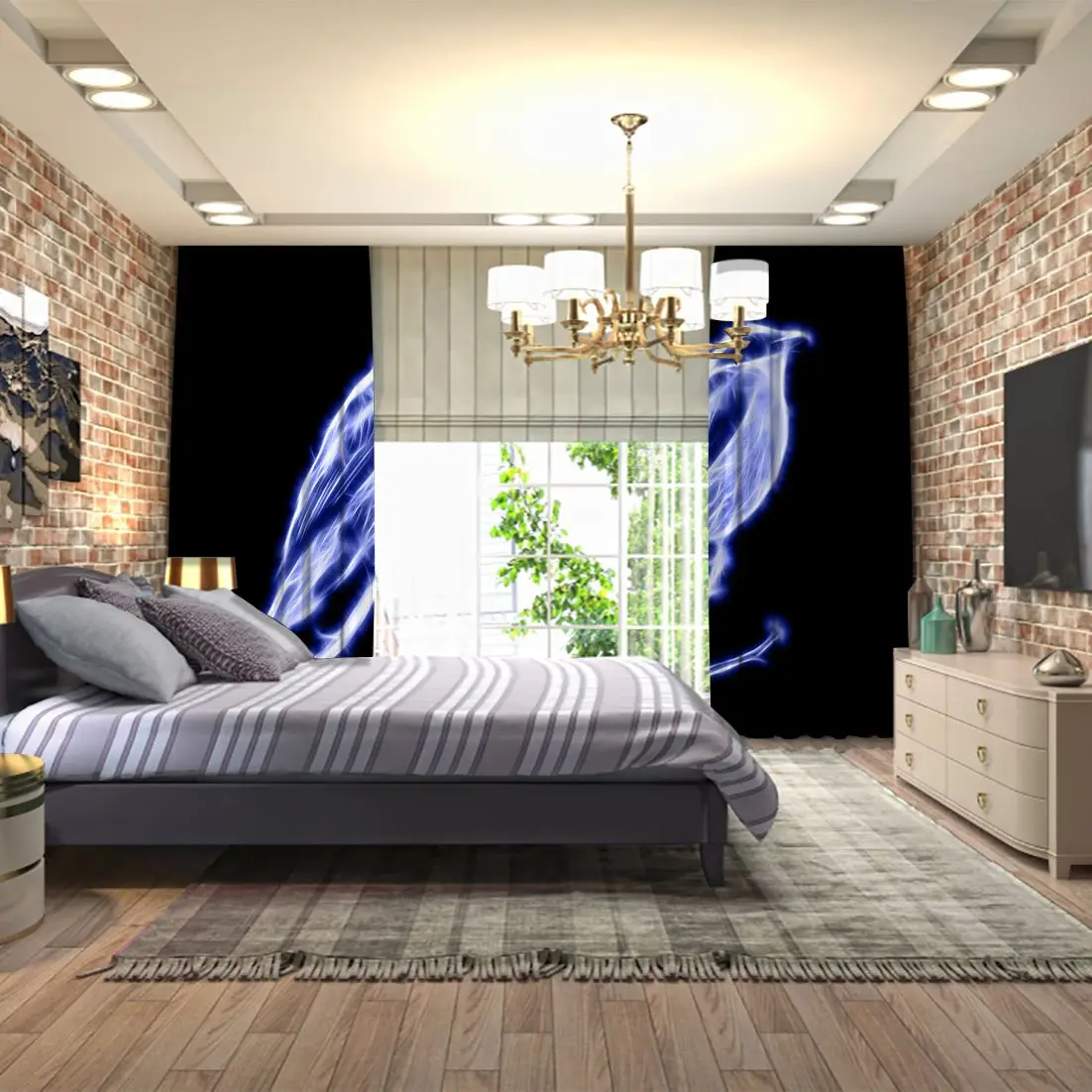 en Ucuz Curtain Abstract Glowing Bird Pattern In Dark Space Decorative Futuristic Digital Artwork Blue White Black