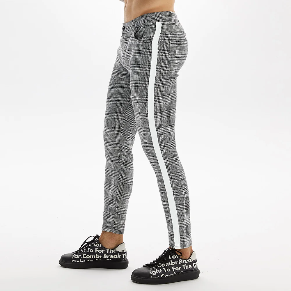 Casual Mens Chinos Cotton Slim Fit Men Pants Trousers Skinny Chinos Pants Grey Ankle Length Streetwear Plaid Side Stripe Pants