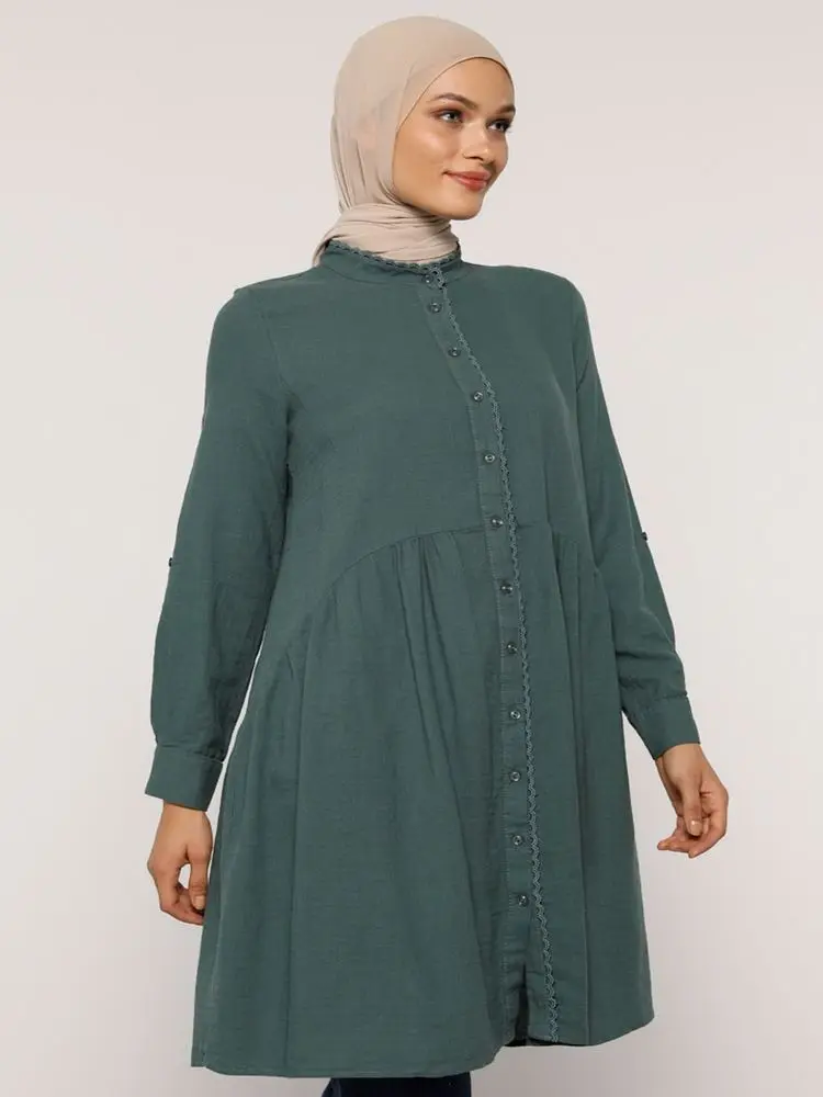 

Refk Natural Fabric Collar Gupta Detail Tunic Tops Summer Long Sleeve Shirt Soft Women's Dresses Muslim Hijab Abaya Turkey
