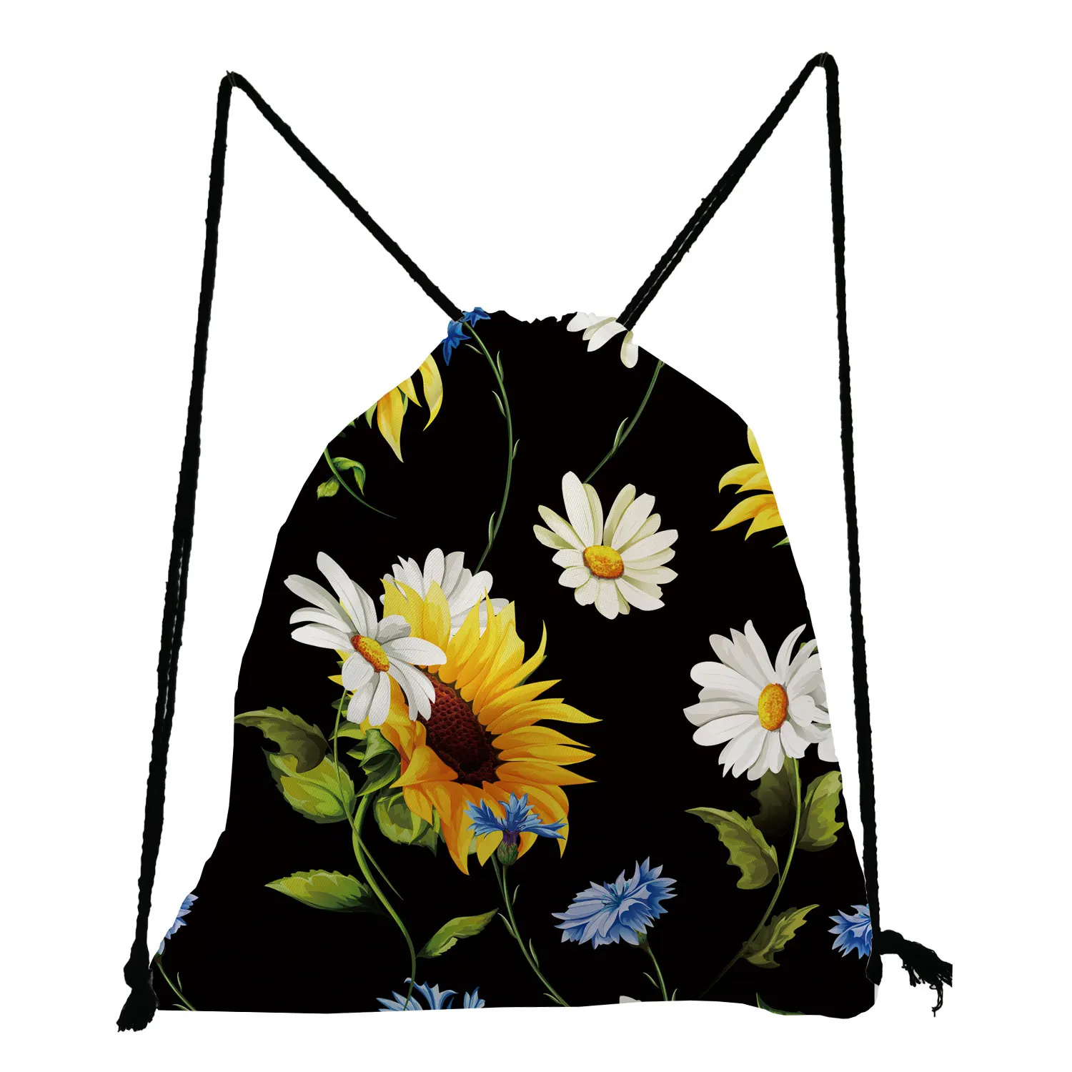 

Pretty Black Backpack Sunflower Printed Drawstring Bags Fashion Softback Bag Casual Unisex Shoe Bag for School Portable Book Bag