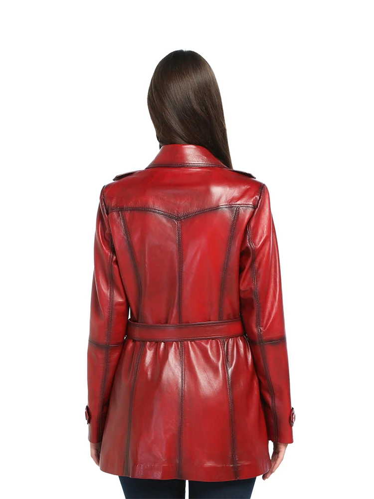 Genuine Soft Lambskin Leather Jacket Handmade Female Red Pink Trench Coat Woman Real Fur Custom Matrix Style Product Jackets
