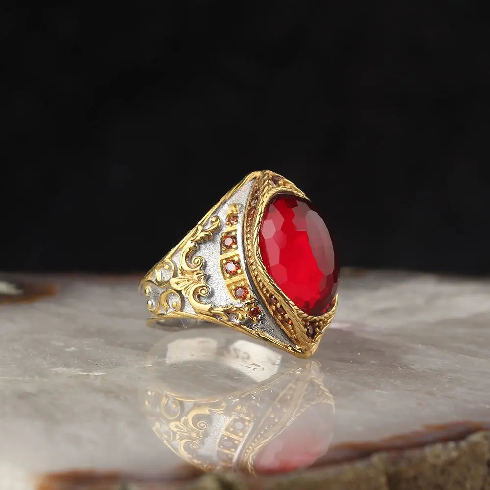 

Gilded Ring Sterling Silver Mens Ring with Oval Garnet Turquoise Gemstone Handmade Vintage Ring Birthday Gifts Gifts for Dad