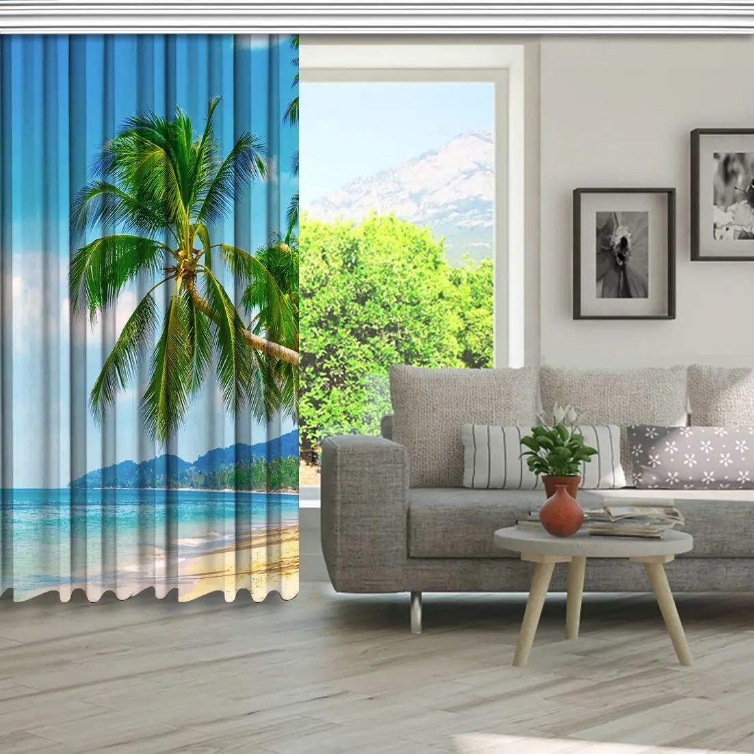 Занавеска тропический пляж пальмы с вокруг пушистых облаков на небе сохранять