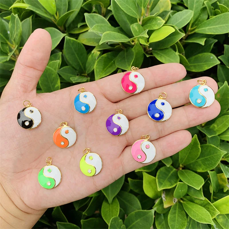 

5pcs Round Tai Chi Synthesis Enamel Pendant Charms Brass Gold Plated 15x20mm For Making Necklace