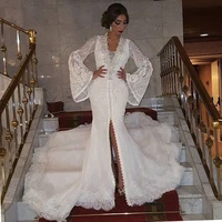 luxury beaded mermaid wedding dresses with flare sleeve arabic bride dresses tulle lace appliques vestidos de novia 2020