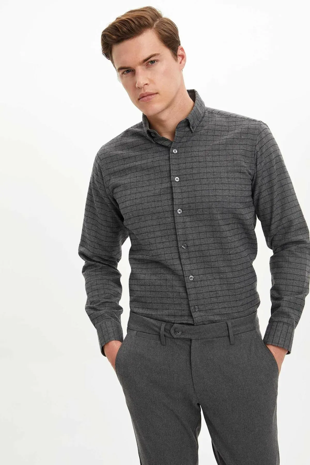 Дефакто Мужская темная цветная полосатая Повседневная умная рубашка с длинным