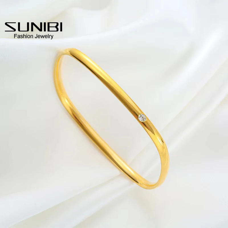 

Simple Stainless Steel Bangle Bracelets for Women Crystal Rectangle Gold Plated Bracelet Fashion Gifts for Teen Girls Jewelry