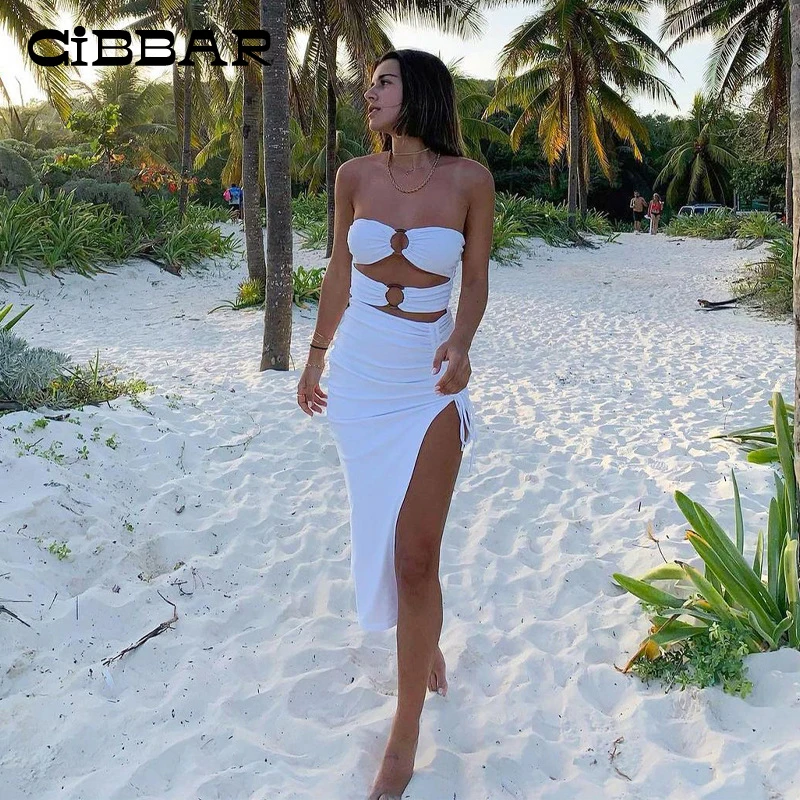 

CIBBAR Solid Hollow Out Strapless White Long Dress Women Vacation Outfits Sexy Backless Side Split Casual Skinny Summer Dresses