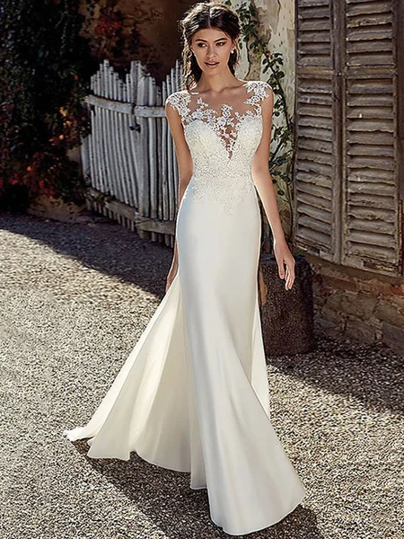 

Simple Wedding Dress White Chiffon Illusion Neckline Sleeveless Court Train Applique Sheath Bridal Gowns