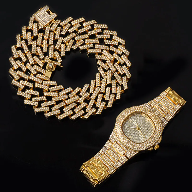 Часы + цепочка браслет хип-хоп Bling Iced Out кристалл 15 мм кубинский инкрустированный