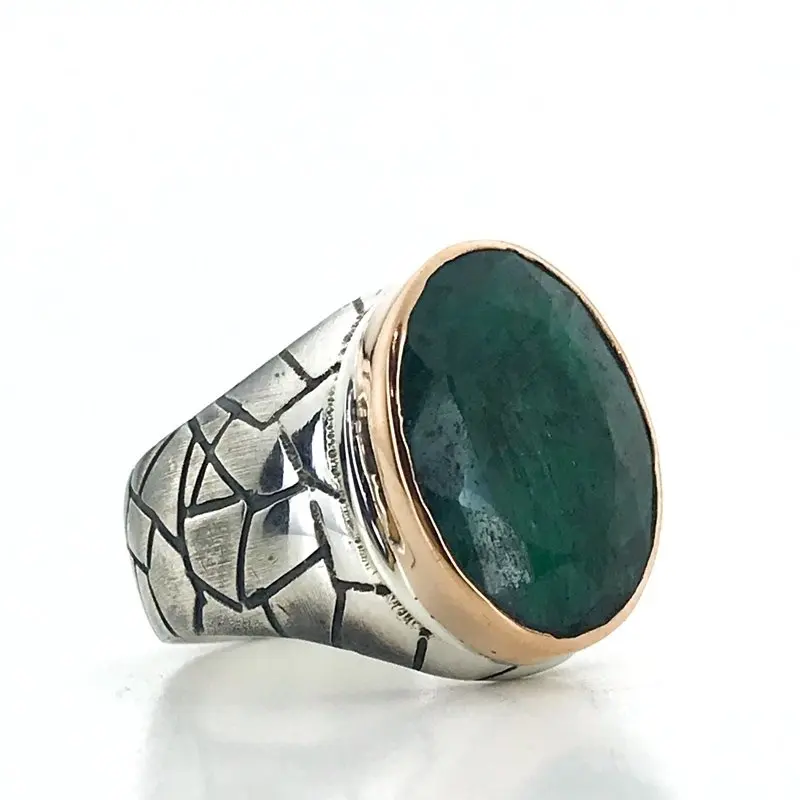 

Special Series Handwork Natural Emerald Stone 925 Real Silver Men 'S Ring