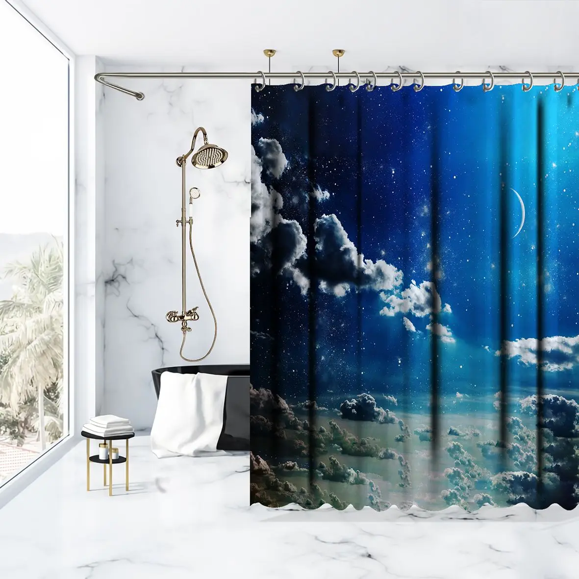 Занавеска для душа вечернее полумесяц сияющие звезды в облачном небе отражение