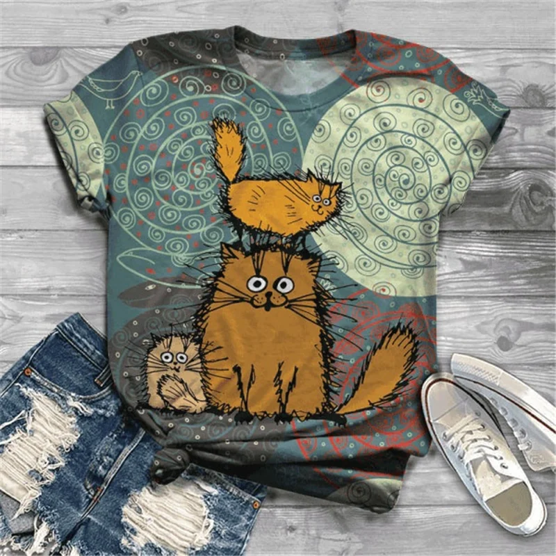 

Shirt Women Summer Fashion Comfy Cute Cat Print Short Sleeve Round Neck T-Shirt Casual Streetwear Oversize Female Top Shirts