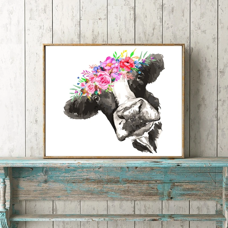 Корова с цветами Акварельная стена искусство холст живопись фермерский Декор