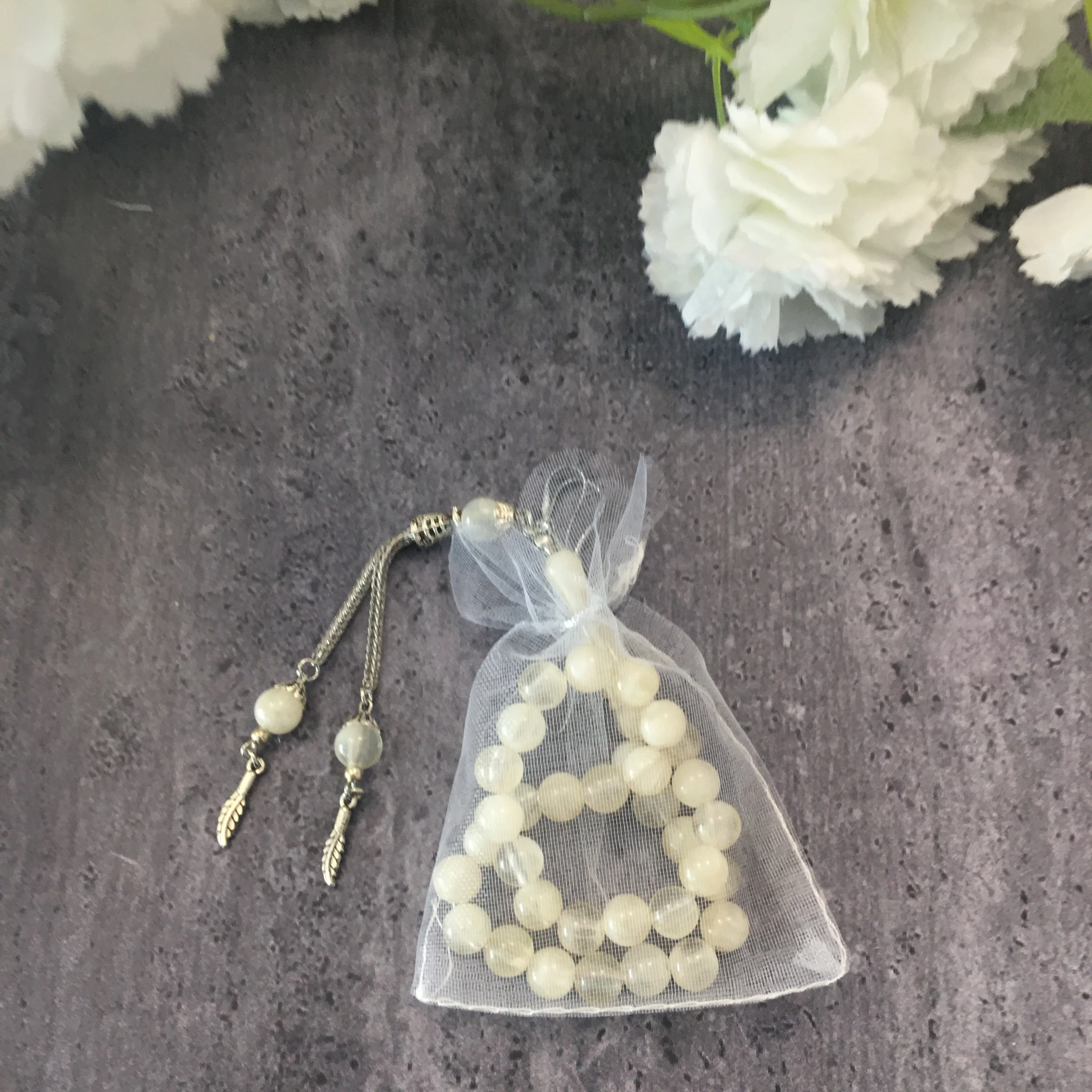 Затягивание янтарного исламского молитвы 33 бусины Четки Tasbeeh tasbih misbaha белый
