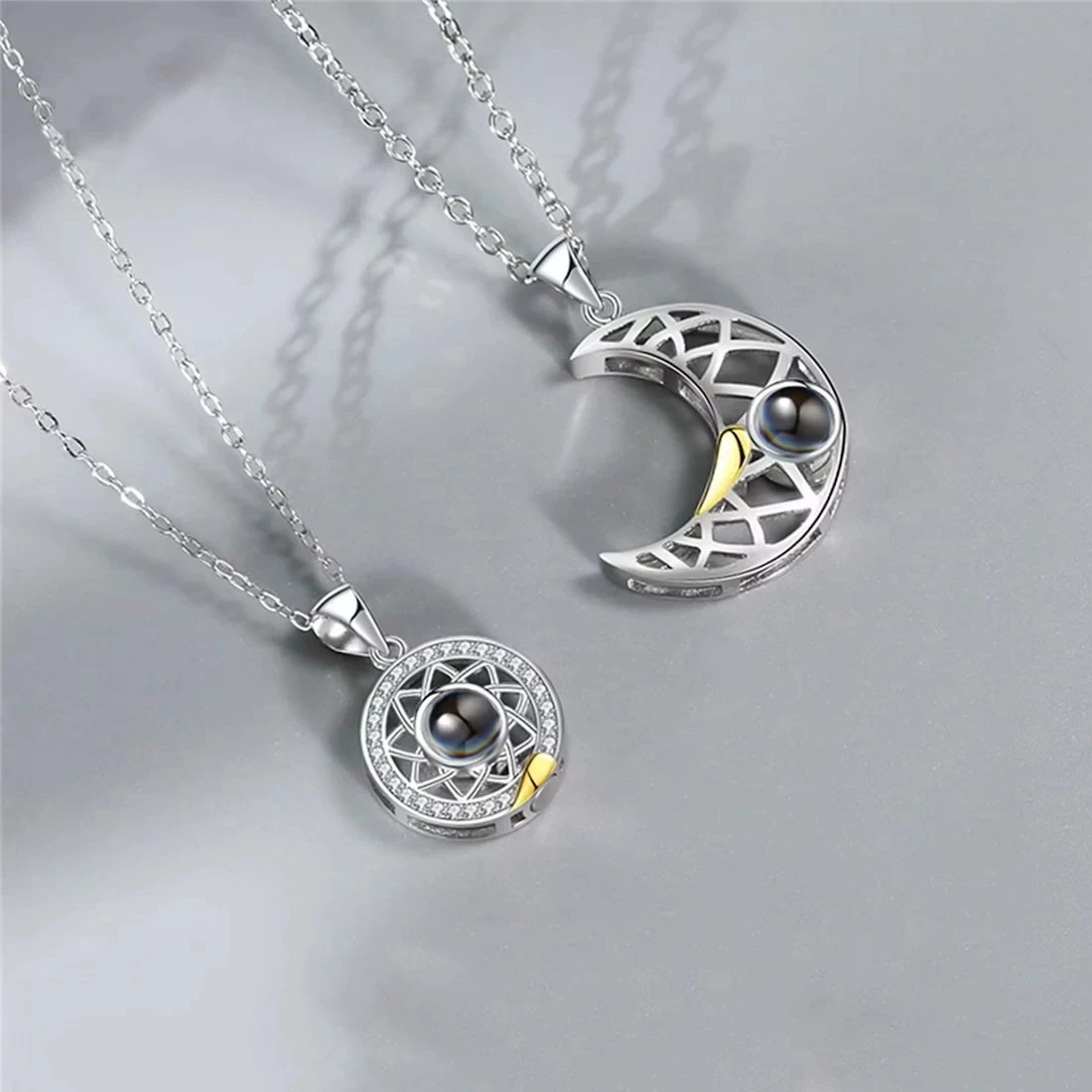 

Customized Photo Projection 925 Silver Necklace Sun And Moon Shape Magnetic Necklace In Memory Of Loved One Companion Gifts