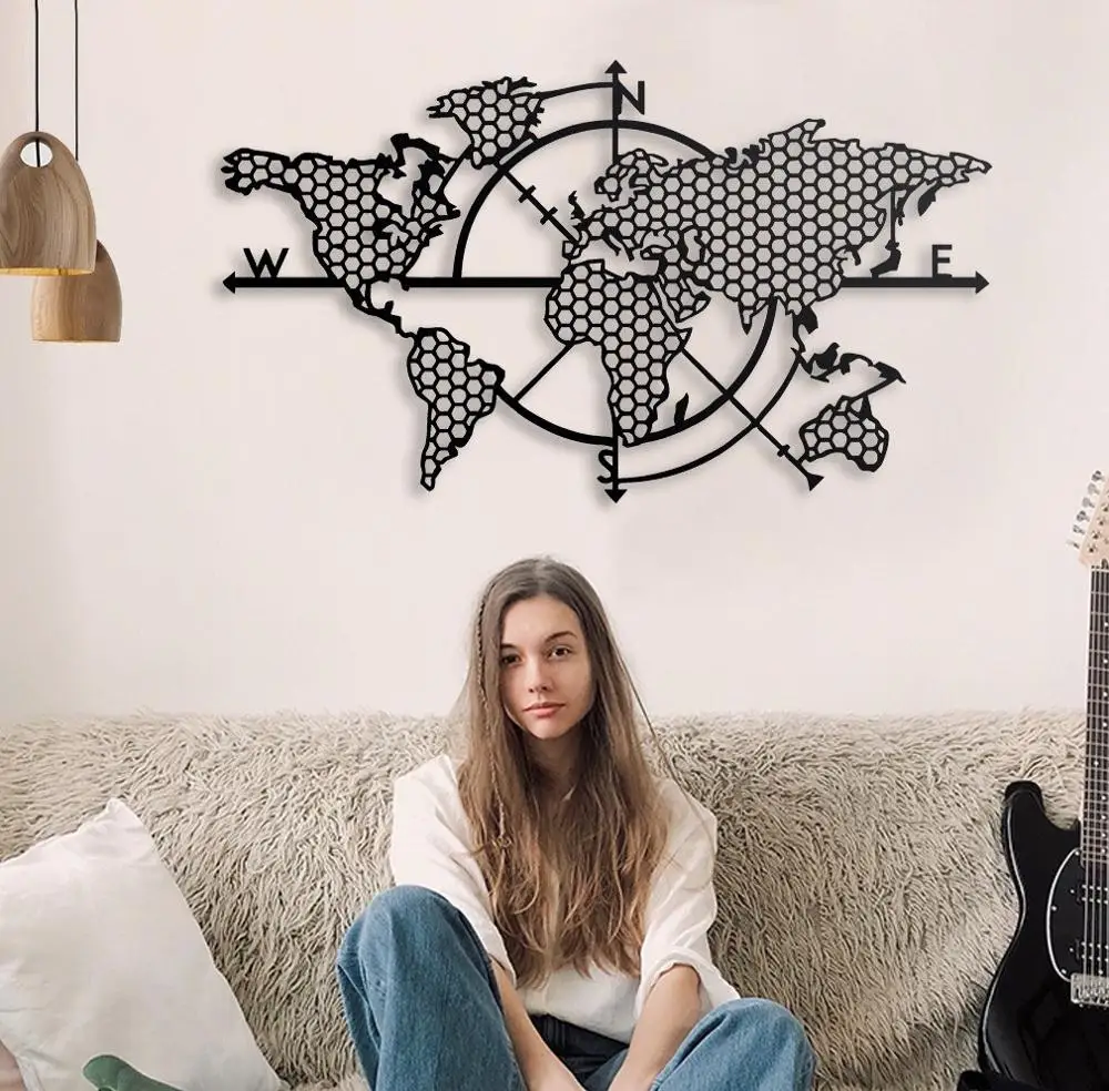 Карта мира компас Металлический Настенный декор 3D металлическая скульптура