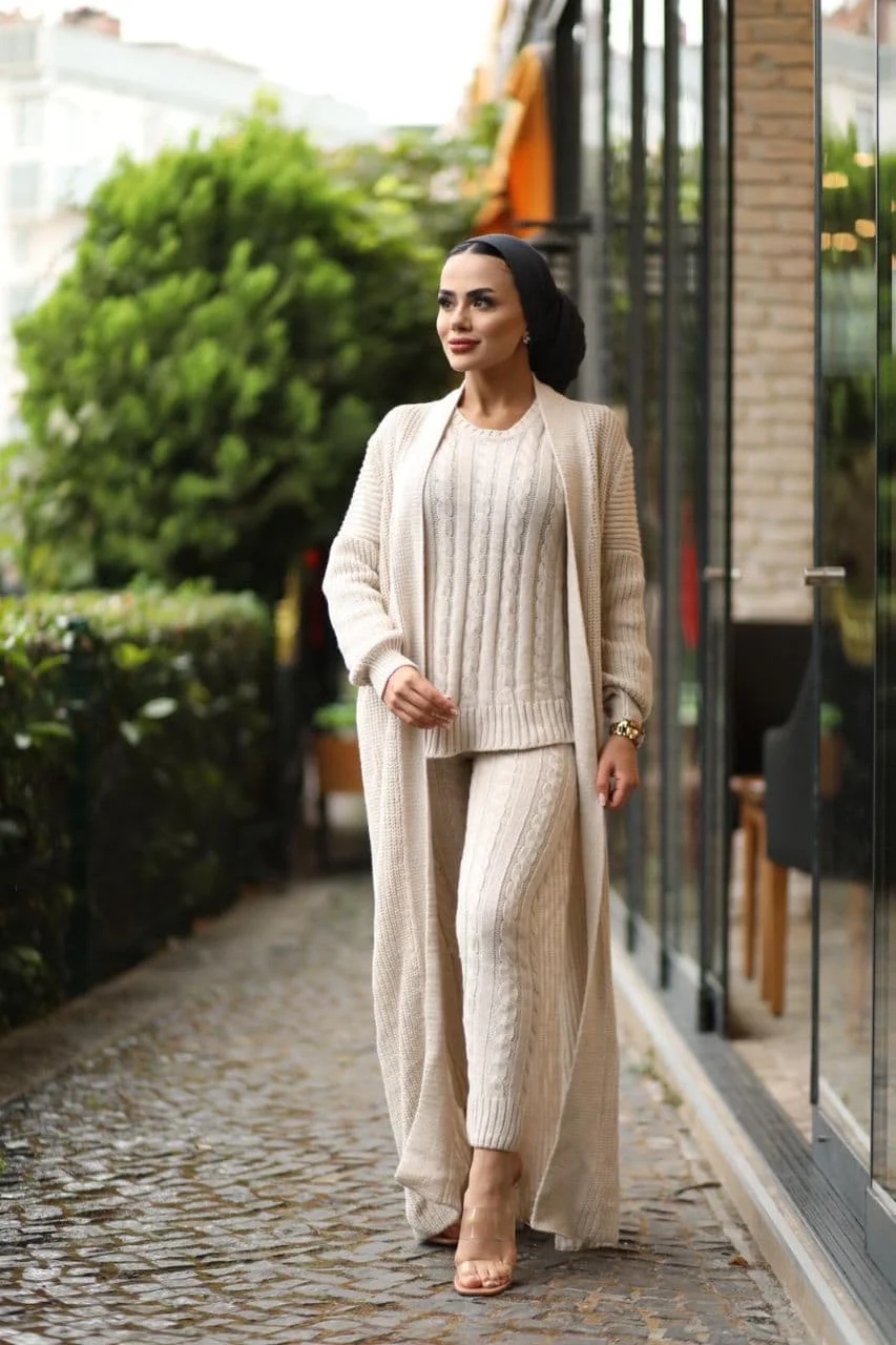 

3 Pieces Knitwear Womens Set, Maxi Cardigan + Pant + Sweater TRIPLE SUIT Islamic Fashion Muslim Clothing Turkey Dubai 2021