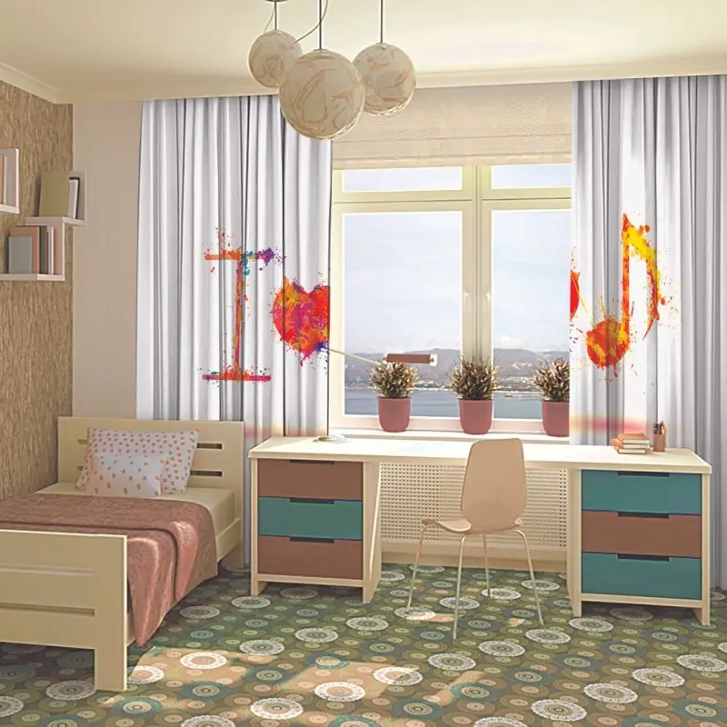 Занавески I Love музыкальный дизайн элементы красочные красные желтые оранжевые