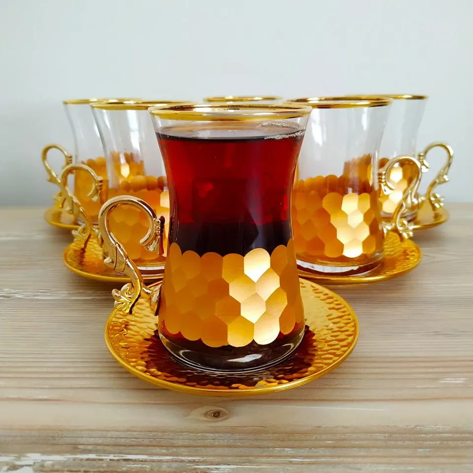 Роскошные золотые Цвет турецкий чайный набор с держателем|Чашки и соусницы| |