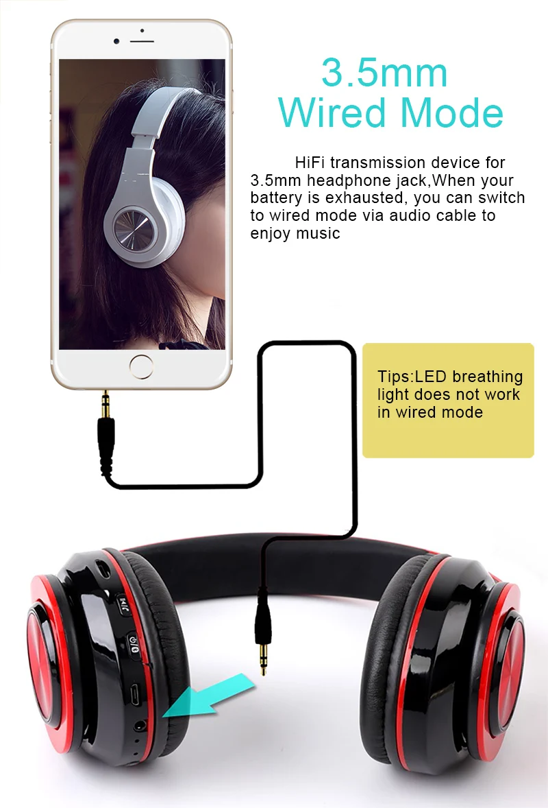 HiFi Bluetooth наушники складной светодиодный свет беспроводные стерео наушники с микрофоном/TF карты водонепроницаемые игровые гарнитуры