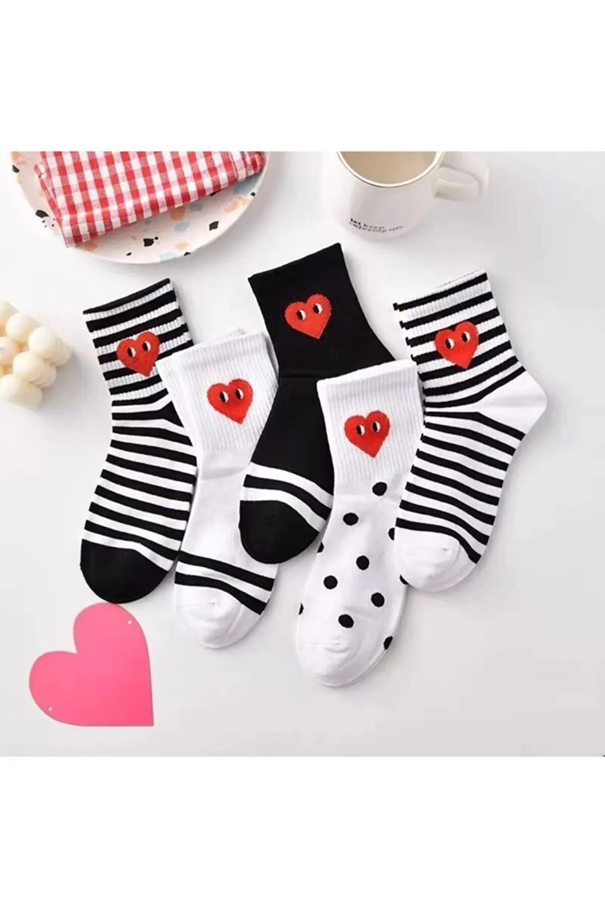 5 Pairs Half-Cot Heart Patterned College Socks