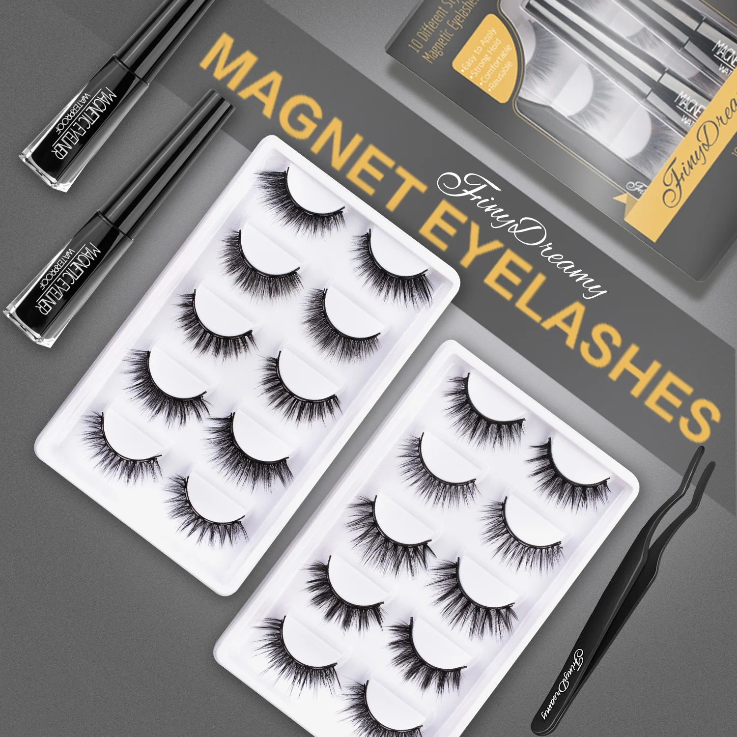 FinyDreamy 10 Pairs Magnetic Eyelashes Repeated Use Waterproof Eyeliner Tweezers Makeup Set 3D Mink Faux Lashes Extension Cils
