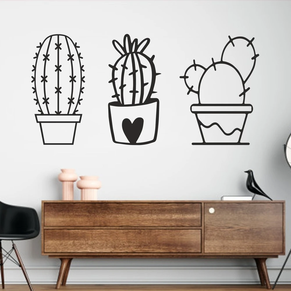 Деревянный 3 шт. Милый цветок кактуса Настенное искусство и украшение Ваза