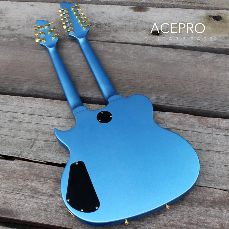Металлическая синяя электрическая гитара Acepro с двойной шеей и корпусом из липы