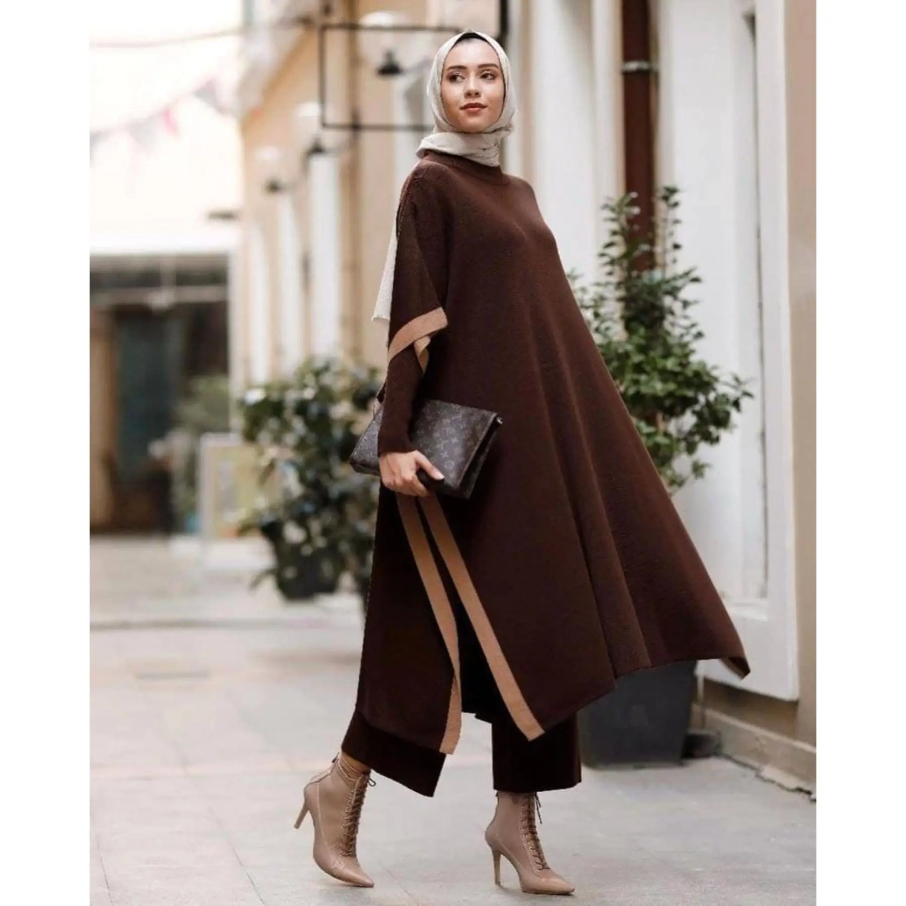 3 Piece Big Size Women's Set Bat Wing Sleeve Top Tunic+ Knitted Sweater + Baggy Pant Triple Suit Knitwer Muslim Fashion Turkey