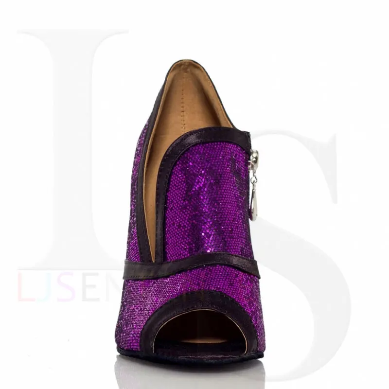 Фиолетовые женские туфли на молнии с блестками обувь для латинских бальных