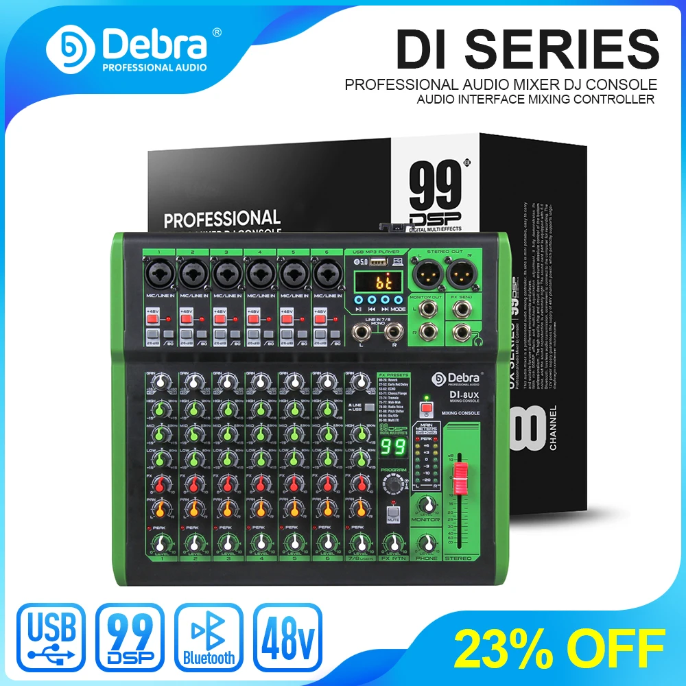 Аудиомикшер Debra Pro 8 каналов с цифровыми эффектами 99 DSP USB mp3-вход для пульта