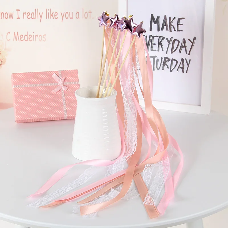 

10pcs Star Crown Fairy Wand Lace Ribbon Streamers Wedding Magic Wands Wood Stick Bells Confetti Party Team Bride Prop Decor
