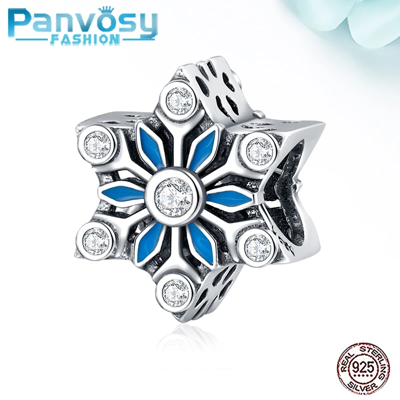 

925 Sterling Silver Charms Original Fine Bead Enamel Snowflake Charm Zircon Fashion Accessories diy Beads for Jewelry Making