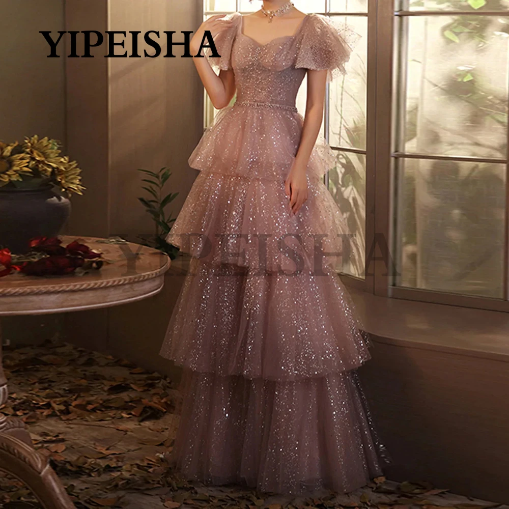 

Sweetheart Glittery Tiered A-Line Evening Dresses Backless Sequined Short Sleeve Prom Party Gown robes de soirée فساتين السهرة