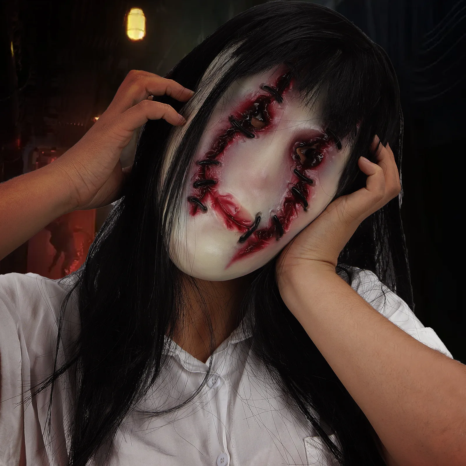 

Haunted House Horror Face Stitch Scar Rift Female Ghost Mask Halloween Face Mask Party and Festival Scary DIY Decoration