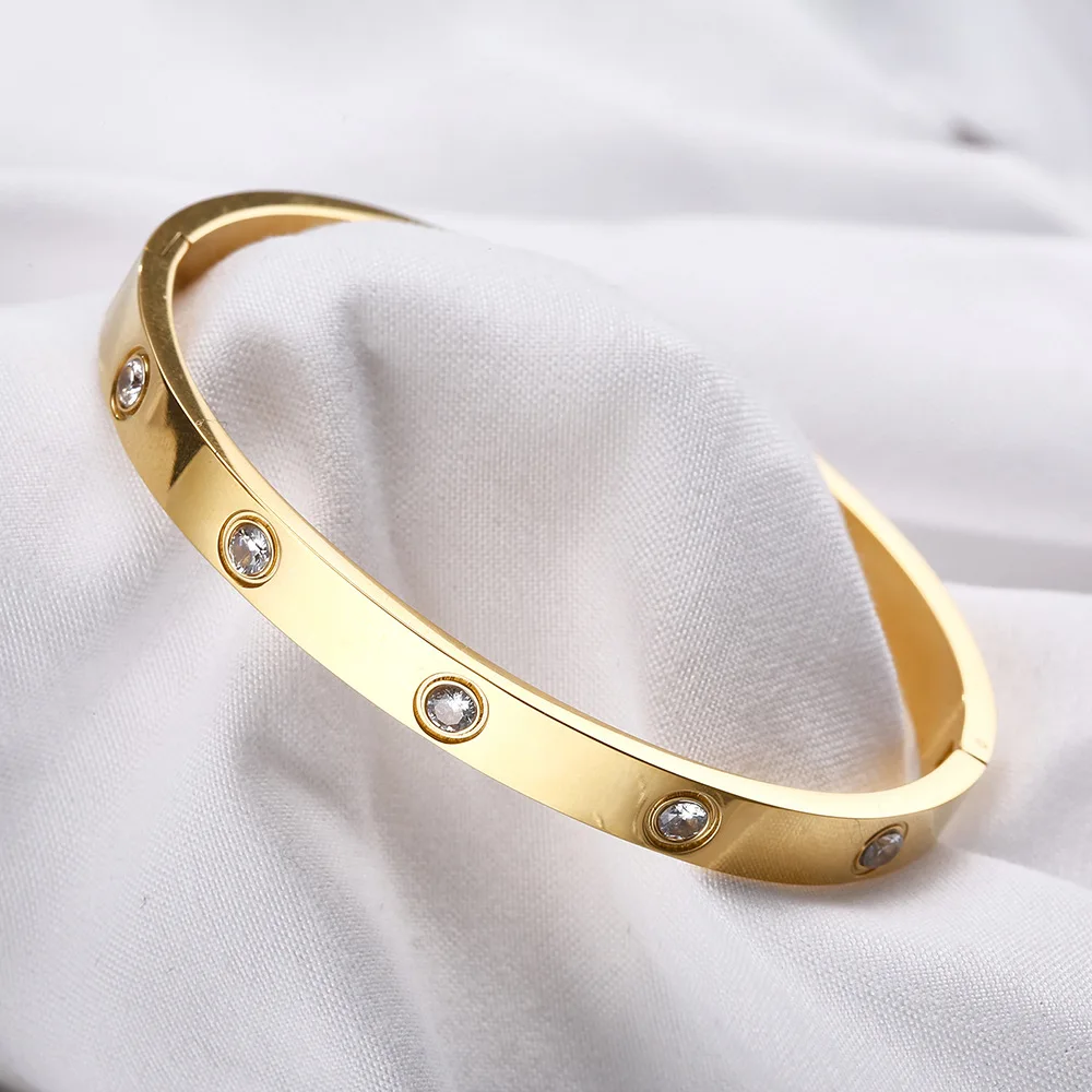 

4mm/6mm Fashion Love Jewelry Women Bangle Titanium Steel Couple Jewelry Full CZ White Crystal Buckle Bracelets Bangles Men